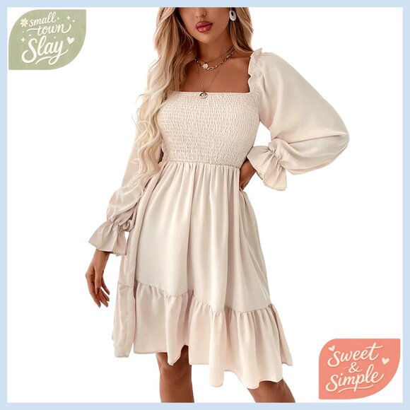 Long Sleeve Square Neck Ruffle Shirred Mini Dress Party Club Night Out